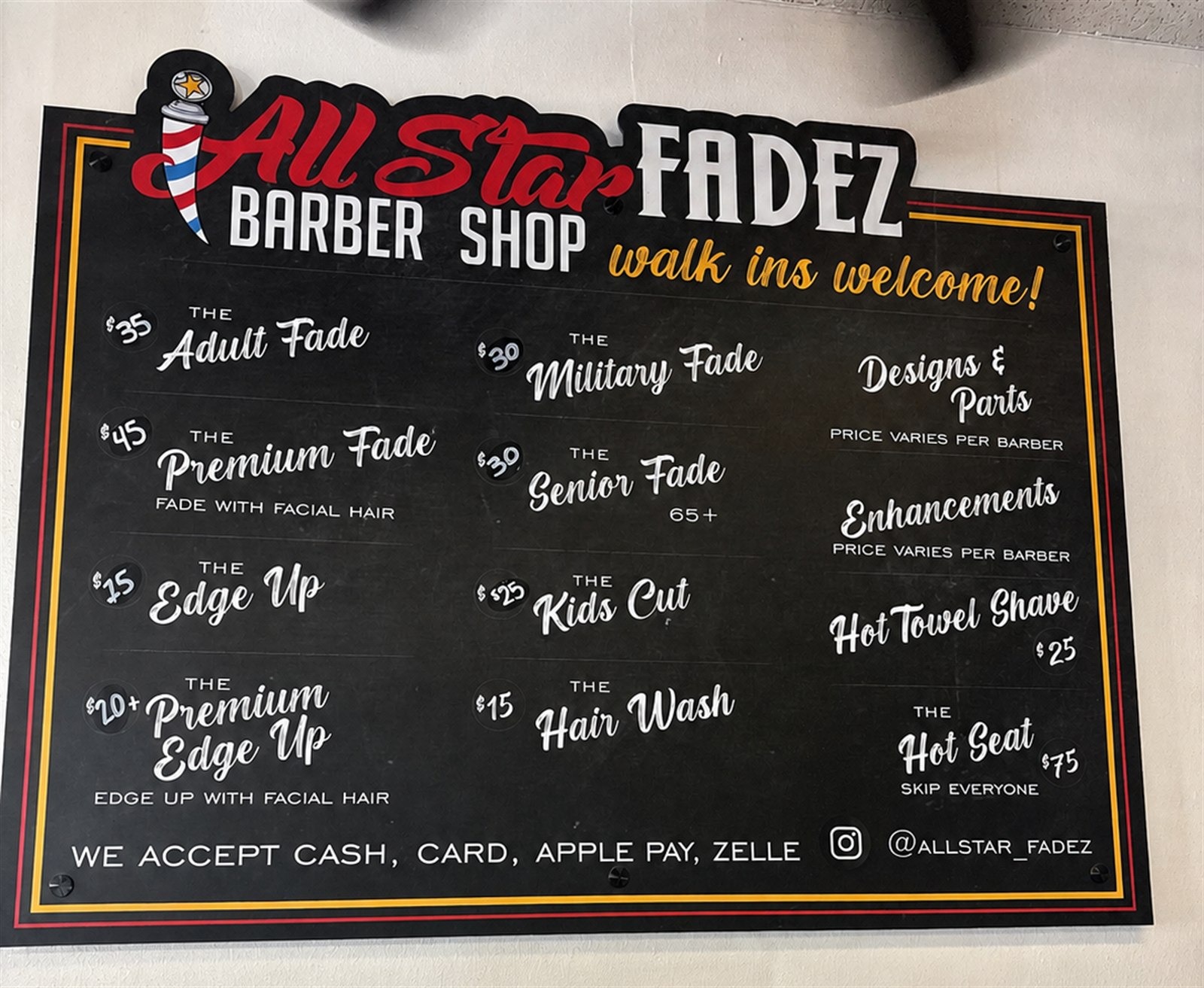 All Star Fadez price board listing every service and price